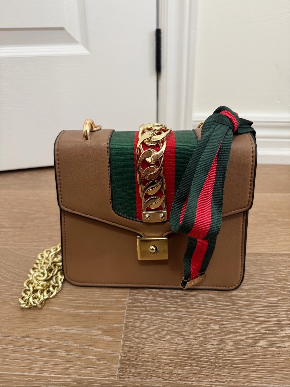 Brown Faux Leather Crossbody Bag with Green & Red Stripe and Gold Chain